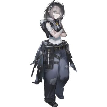 1girl arknights bandaged_arm bandaged_wrist bandages belt_pouch black_hairband black_hoodie braid brown_eyes brown_hair child closed_mouth cropped_hoodie crossed_arms demon_girl demon_horns expressionless full_body hair_between_eyes hairband head_tilt hood hood_down hoodie horns jumpsuit long_hair looking_at_viewer multiple_thigh_straps official_art open_jumpsuit pointy_ears pouch shirt simple_background sleeveless sleeveless_hoodie sleeveless_shirt solo standing tachi-e thigh_strap third-party_source transparent_background twin_braids white_shirt