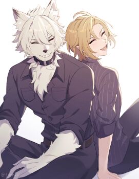 2boys ^_^ animal_ear_fluff animal_ears artist_name back-to-back black_pants black_shirt blonde_hair closed_eyes grin hashtag-only_commentary highres hugo_vlad male_focus multiple_boys open_mouth pants shirt sitting smile tamayura_(tmyr_0) twitter_username von_lycaon von_lycaon_(young) white_background white_hair wolf wolf_ears yaoi zenless_zone_zero