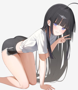 1girl ahoge all_fours bare_legs black_hair black_shorts blunt_bangs dolphin_shorts grin hair_intakes hashtag-only_commentary highres indie_virtual_youtuber long_hair looking_at_viewer mang_nae_(vtuber) midriff n4_h4m purple_eyes shirt short_shorts short_sleeves shorts side-tie_shirt sidelocks simple_background smile solo sweatdrop thighs v very_long_hair virtual_youtuber white_background white_shirt