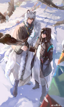 2boys absurdres alternate_costume animal_ears arknights bead_necklace beads bird black_boots black_gloves black_hair black_jacket black_pants black_shirt boots chinese_commentary closed_mouth covered_eyes doctor_(arknights) eagle full_body fur-trimmed_robe fur_trim gloves grey_eyes hadanugi_dousa hair_between_eyes hand_in_pocket hand_up highres hood hood_up hooded_jacket jacket jewelry leopard_boy leopard_ears leopard_tail lips long_sleeves looking_at_animal male_doctor_(arknights) male_focus medium_hair mountain multiple_boys multiple_necklaces necklace open_clothes open_jacket open_kimono outdoors pants parted_lips robe seal_impression shirt short_hair side-by-side silverash_(arknights) snow snow_leopard_boy snow_leopard_ears snow_leopard_tail snowing standing string_of_flags tail tibetan_clothes tongshimllyy watermark weibo_watermark white_hair white_robe