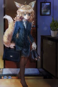 1girl absurdres ahoge animal_ears black_pantyhose blazer blonde_hair blue_eyes blue_skirt briefcase colarikal commission commissioner_upload door door_handle exhausted fox_ears fox_girl fox_tail genkan high_heels highres holding holding_shoes holding_unworn_clothes jacket kino_(senkoin) latch long_hair messy_hair non-web_source original pantyhose pencil_skirt picture_frame plant potted_plant shirt shoes skirt sleepy solo tail unworn_shoes welcome_mat white_shirt