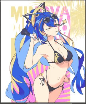 1girl alternate_costume armpits bare_shoulders baseball_bat bikini black_bikini blonde_hair blue_hair breasts character_name cleavage commentary cowboy_shot double-parted_bangs english_commentary eyewear_on_head halterneck holding holding_baseball_bat holding_behind_back long_hair looking_at_viewer medium_breasts minova_(stella_sora) multicolored_hair navel pink_background ponytail purple_eyes screencap side-tie_bikini_bottom solo split_ponytail stella_sora stilltiredngl stomach streaked_hair string_bikini sunglasses swimsuit two-tone_background very_long_hair yellow_background