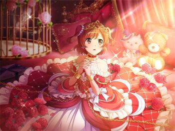 Rule 34 | 1girl, aijou karen, bird, birdcage, bracelet, brown eyes, brown hair, cage, chain, choker, collarbone, dress, earrings, flower, frilled choker, frilled dress, frills, furrowed brow, game cg, interlocked fingers, jewelry, light rays, official art, on bed, own hands together, parted lips, pillow, red dress, red flower, red rose, rose, short hair, shoujo kageki revue starlight, shoujo kageki revue starlight -re live-, solo, stuffed animal, stuffed toy, teddy bear, tiara, two side up, upper body