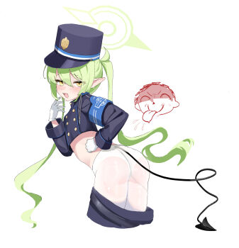1boy 1girl :d armband ass black_tail blue_archive blue_armband blue_hat blue_jacket blue_shorts blush buttons chinese_commentary clothes_pull clothing_cutout commentary_request cropped_jacket cropped_legs demon_girl demon_tail doodle_sensei_(blue_archive) double-breasted ear_blush eyes_visible_through_hair fang gloves green_hair green_halo hair_between_eyes halo hand_on_own_hip hand_up hat highres jacket long_hair long_sleeves looking_at_viewer looking_back nozomi_(blue_archive) open_mouth panties panties_under_pantyhose pantyhose peaked_cap pointy_ears sensei_(blue_archive) shorts shorts_pull sidelocks simple_background skin_fang smile sweat tail tail_through_clothes tongue tongue_out twintails twisted_torso underwear very_long_hair white_background white_gloves white_panties white_pantyhose yellow_eyes zimu_youzi_cha