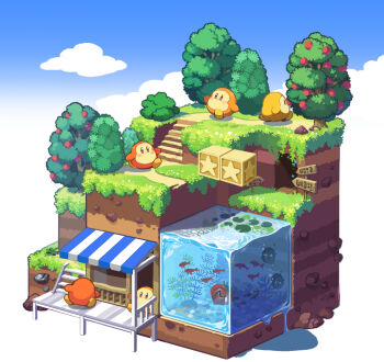 air_bubble awning blue_sky blush blush_stickers brown_eyes bubble bush cave cloud commentary_request coral day fish fruit_tree fujiwara_(fujiwara43) full_body grass isometric kirby_(series) lily_pad maxim_tomato nintendo no_humans path road rock scenery sign simple_background sky stairs star_(symbol) star_block tree waddle_dee walking water white_background window