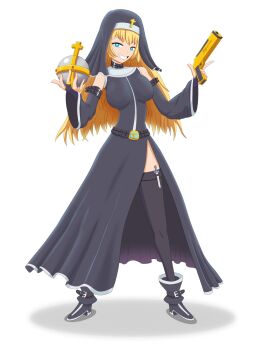 1girl angelica_amadeus asymmetrical_dual_wielding belt black_boots black_dress black_thighhighs black_veil blonde_hair blue_eyes boots breasts commentary cross dagger desert_eagle detached_sleeves dress drop_shadow dual_wielding english_commentary evil_smile explosive golden_gun grenade gun guns_and_nuns:_storming_hell handgun highres holding holding_grenade holy_hand_grenade knife large_breasts official_art rm120 smile thighhighs veil weapon white_background