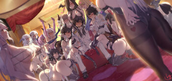 1boy 6+girls adjusting_clothes animal_ears arms_under_breasts ass atago_(azur_lane) azur_lane bad_id bad_pixiv_id bare_shoulders belfast_(azur_lane) bent_over black_choker black_eyes black_hair black_pantyhose black_thighhighs blonde_hair blue_eyes blunt_bangs blush braid breast_rest breasts breasts_on_head character_request choker cleavage club3 couch crossed_arms dutch_angle elbow_gloves everyone flat_chest formidable_(azur_lane) french_braid friedrich_der_grosse_(azur_lane) gloves graf_zeppelin_(azur_lane) hair_between_eyes hair_over_one_eye hair_ribbon hairband harem heart heart-shaped_pupils heart_tattoo highres horns illustrious_(azur_lane) javelin_(azur_lane) laffey_(azur_lane) large_breasts long_hair long_sleeves maid_headdress midriff mole mole_on_breast multiple_girls navel open_mouth out_of_character pants pantyhose pimp playboy_bunny prinz_eugen_(azur_lane) purple_hair red_eyes revealing_clothes ribbon short_hair sideboob silver_hair sirius_(azur_lane) smile star_(symbol) symbol-shaped_pupils taihou_(azur_lane) tail takao_(azur_lane) tattoo thighhighs tongue tongue_out twintails underboob white_gloves wings