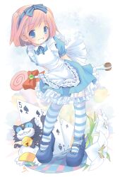 Rule 34 | 1girl, absurdres, ah-kun, alice (alice in wonderland), alice (alice in wonderland) (cosplay), alice in wonderland, apron, arms behind back, blue eyes, blue skirt, blush, bob cut, bow, candy, card, checkered floor, cosplay, floating card, flower, food, frills, grin, hairband, highres, holding, ka-kun, lily (flower), lollipop, moetan, nijihara ink, no nose, photoshop (medium), pink hair, pop (electromagneticwave), ribbon, short hair, skirt, smile, solo, striped clothes, striped thighhighs, thighhighs, two side up, wand