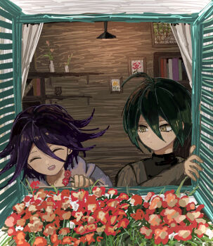 Rule 34 | 2boys, ahoge, black hair, blush, bookshelf, checkered clothes, checkered scarf, closed eyes, commentary, danganronpa (series), danganronpa v3: killing harmony, eyelashes, flipped hair, flower, hair between eyes, highres, hood, hoodie, long sleeves, looking at another, looking at viewer, male focus, multiple boys, nuruma3da4, oma kokichi, open mouth, open window, plant, potted plant, purple hair, red flower, saihara shuichi, scarf, shelf, shirt, short hair, smile, teeth, two-tone scarf, upper body, window, yellow eyes