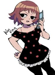 Rule 34 | 1girl, black eyes, brown hair, cellphone, character name, dress, flip phone, freckles, hand on own hip, highres, holding, holding phone, kim pine, looking to the side, nail polish, off-shoulder dress, off shoulder, open mouth, pantyhose, phone, polka dot, polka dot dress, scott pilgrim (series), short hair, short sleeves, solo, tetsu (teppei)