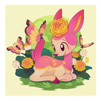 animal_focus artist_name black_eyes bug butterfly clover commentary dandelion deer deerling deerling_(spring) english_commentary flower gen_5_pokemon gen_6_pokemon highres insect lying nintendo no_humans pokemon pokemon_(creature) pokemon_focus purepeanutty smile vivillon vivillon_(sun)