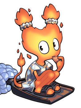 1girl child demon_girl demon_tail discount-supervillain eating fire original sandals simple_background slides solo tail transparent_background twintails