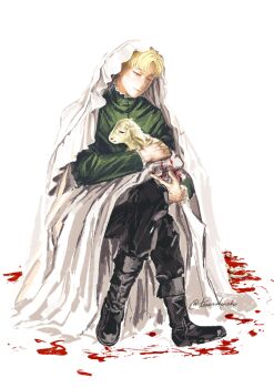 Rule 34 | 1boy, animal, baby animal, black boots, black pants, blonde hair, boots, chi.: chikyuu no undou ni tsuite, closed mouth, goat, green jacket, highres, holding, holding animal, jacket, male focus, pants, rafal (chi.), short hair, simple background, sitting, solo, tearsakachi, twitter username, white background
