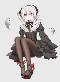 Rule 34 | 1girl, absurdres, alternate costume, black bow, black bowtie, black dress, black hairband, black pantyhose, black ribbon, black shoes, bow, bowtie, closed mouth, corset, dress, drill hair, expressionless, facial mark, frills, full body, ghost, grey background, grey hair, hair between eyes, hairband, heart, heart facial mark, high heels, highres, jibei (lyh2279755496), lolita fashion, long sleeves, mark under eye, medium hair, pantyhose, pink bow, puffy sleeves, red eyes, ribbon, shoes, sidelocks, simple background, sitting, solo, symbol-shaped pupils, tlipoca, twin drills, twintails, white background, white hair, yog-sothoth's yard