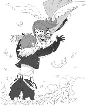 1boy 1girl black_jacket black_pants blush breasts commentary couple cropped_jacket dede_(qwea_00000) detached_sleeves falling_feathers feathers field final_fantasy final_fantasy_viii flower flower_field fur-trimmed_jacket fur_trim greyscale hetero jacket jewelry medium_breasts monochrome necklace open_mouth outstretched_arms pants ring ring_necklace rinoa_heartilly shirt sketch smile squall_leonhart white_background white_shirt white_wings wings