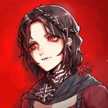 1girl artist_name black_cape black_hair braid cape colored_sclera commentary crown_braid dated dress fangs highres looking_at_viewer red_background red_dress red_sclera serana short_hair simple_background solo teeth the_elder_scrolls the_elder_scrolls_v:_skyrim upper_teeth_only vampire xrnl2018 yellow_eyes