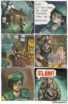 2girls absurdres albert_wesker artist_name beret blue_eyes blue_hat brown_hair cabin commentary english_commentary fireplace forest hat highres jill_valentine lisa_trevor missing_poster moon multiple_girls nature resident_evil resident_evil_1 rhiannon_kagoe shoulder_pads silk sitting smile speech_bubble spider_web sweatdrop tree