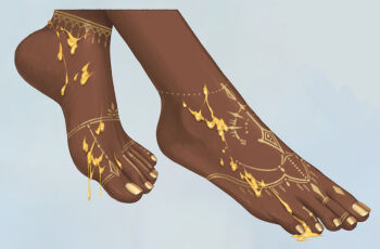 1girl anklet barefoot blue_background body_writing close-up cum cum_on_body cum_on_feet dark-skinned_female dark_skin feet foot_focus gold grey_background jewelry liang_mu nail_polish simple_background soles solo suggestive_fluid toe_ring toenail_polish toenails toes yellow_nails