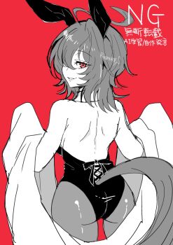 1girl agnes_tachyon_(umamusume) ahoge animal_ears ass black_leotard chemical_structure earrings highres horse_ears horse_girl horse_tail huge_ahoge jewelry lab_coat leotard long_sleeves looking_at_viewer medium_hair partially_colored playboy_bunny rabbit_ears red_eyes satou_ramune shirt short_hair single_earring sleeves_past_fingers sleeves_past_wrists smile solo tail umamusume wolf_cut