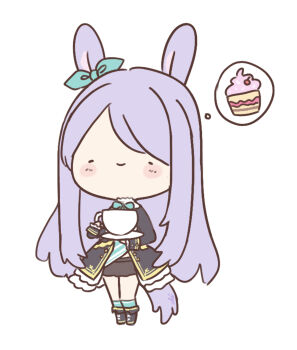 1girl absurdres animal_ears aqua_bow aqua_bowtie aqua_ribbon aqua_socks black_jacket black_skirt blush blush_stickers bow bowtie chibi chibi_only closed_mouth coat commentary cup cupcake ear_bow ear_ribbon english_commentary food frilled_coat frilled_jacket frills highres holding holding_saucer horse_ears horse_girl horse_tail jacket long_hair long_sleeves looking_at_viewer mejiro_mcqueen_(frontline_elegance)_(umamusume) mejiro_mcqueen_(umamusume) purple_hair ribbon saucer shirt shoes simple_background skirt smile socks solid_circle_eyes solo speech_bubble striped_clothes striped_shirt tail teacup tearing_up thought_bubble ukichan22905846 umamusume white_background