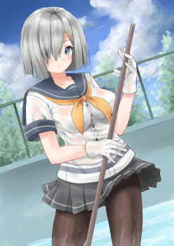 1girl blue_eyes blush breasts broom chain-link_fence cleaning cloud cloudy_sky commentary_request day fence gloves grey_hair hair_ornament hair_over_one_eye hairclip hamakaze_(kancolle) kantai_collection kitagawa_mikio looking_at_viewer medium_breasts neckerchief outdoors pantyhose pleated_skirt pool school_uniform serafuku short_hair short_sleeves skirt sky solo tree water wet wet_clothes wet_pantyhose white_gloves