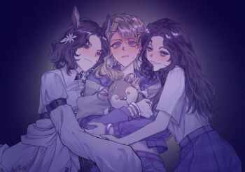 3girls animal_ears anne_(reverse:1999) black_skirt blonde_hair blonney blue_jacket blush clenched_teeth dark_background deer_ears deer_girl dual_persona green_eyes grin highres hug_from_side hugging_doll hugging_object jacket jessica_(reverse:1999) long_hair long_sleeves looking_at_viewer midriff mikalsuki multiple_girls purple_eyes reverse:1999 scared shirt short_sleeves skirt smile sweat teeth third-party_source upper_body white_shirt