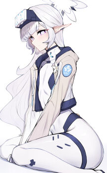 Rule 34 | 1girl, absurdres, battlesuit, black halo, blue archive, bodysuit, commentary, earclip, flower, git (git giit), halo, head-mounted display, highres, himari (armed) (blue archive), himari (blue archive), impossible bodysuit, impossible clothes, jacket, mole, mole under eye, multicolored halo, official alternate costume, official alternate hairstyle, open clothes, open jacket, pointy ears, purple eyes, simple background, sitting, solo, two-tone halo, white background, white bodysuit, white flower, white halo, white jacket