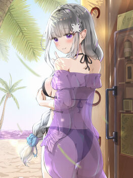 1girl absurdres ass back bare_shoulders beach bikini black_bikini blunt_bangs blush braid commentary_request cowboy_shot crown_braid day door elf emilia_(re:zero) flower from_behind hair_flower hair_ornament hair_over_shoulder halterneck hands_up highres horizon justjast lens_flare long_hair looking_at_viewer looking_back median_furrow nightgown ocean off-shoulder_nightgown outdoors palm_tree parted_lips pointy_ears purple_eyes purple_nightgown purple_water re:zero_kara_hajimeru_isekai_seikatsu sand see-through_clothes see-through_nightgown shore shoulder_blades side-tie_bikini_bottom side_braid sky smile solo string_bikini swimsuit tree v very_long_hair water wide_sleeves x_hair_ornament