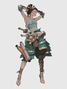 1girl artist_request breasts cleavage expressionless highres lips looking_at_viewer sarashi seductive_gaze simple_background source_request tying_hair weapon