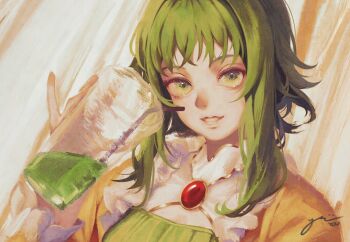 Rule 34 | 1girl, cup, drink, drinking straw, green eyes, green hair, gumi, gumi (v3 megpoid), highres, holding, jacket, looking at viewer, melon soda, orange jacket, saik you, short hair with long locks, signature, smile, solo, vocaloid