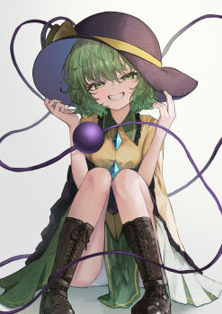 1girl :d absurdres black_boots black_hat boots bow buttons commentary dedemaru diamond_button eyeball eyebrows_hidden_by_hair eyelashes floral_print floral_print_skirt frilled_shirt_collar frilled_sleeves frills green_eyes green_hair green_skirt grin hair_between_eyes hands_up happy hat hat_bow hat_ribbon highres knees_together_feet_apart komeiji_koishi lace-up_boots long_sleeves looking_at_viewer medium_hair open_mouth panties print_skirt ribbon rose_print shirt sitting skirt smile sun_hat third_eye touhou underwear white_background white_panties wide_sleeves yellow_bow yellow_ribbon yellow_shirt
