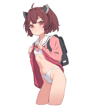 1girl ahoge backpack bag bra brown_hair clothes_lift dress dress_lift expressionless flat_chest headgear highleg highleg_panties highres lifting_own_clothes looking_at_viewer panties red_eyes sailor_dress short_hair solo touhoku_kiritan underwear voiceroid white_bra white_panties yamamomo_(plank)