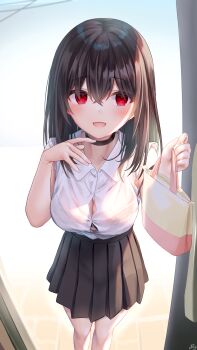 1girl armpit_crease bag black_choker black_hair black_skirt breasts button_gap choker hair_between_eyes heart heart_in_eye highres holding holding_bag large_breasts long_hair looking_at_viewer original parted_lips pleated_skirt ramchi red_eyes shirt skirt sleeveless sleeveless_shirt smile symbol_in_eye white_shirt yandere-chan_(ramchi)