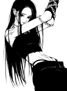 1girl arms_up bound bound_arms chain closed_mouth cowboy_shot ear_piercing greyscale highres long_hair looking_ahead midriff monochrome original pants panty_straps piercing simple_background solo strapless teeniika tube_top white_background