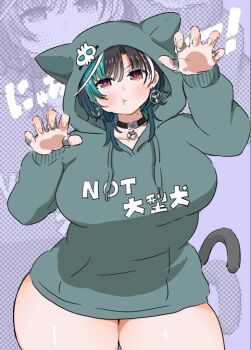 1girl animal_ear_hood black_choker black_hair blush bottomless breasts cat_ear_hood cat_tail choker claw_pose earrings fake_animal_ears green_hair green_hoodie hololive hololive_dev_is hood hood_up hoodie jewelry kono_(konomi9a) large_breasts mole mole_on_neck multicolored_hair multiple_rings naked_hoodie pendant_choker pout puffy_cheeks purple_background red_eyes rindo_chihaya ring short_hair solo standing steering_wheel tail thick_thighs thighs virtual_youtuber white_hair wolf_cut