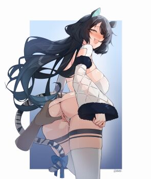 1girl absurdres animal_ears ass black_hair black_straps blue_bow blue_eyes blue_hair blush border bow breasts clothing_aside commission cowboy_shot dark_skin detached_sleeves disembodied_hand erina_makina from_behind fur-trimmed_sleeves fur_trim gradient_background gradient_hair hair_over_one_eye half-closed_eyes highres large_breasts leotard leotard_aside long_hair long_sleeves looking_at_viewer looking_back multicolored_hair multiple_thigh_straps naughty_face open_mouth outside_border phase_connect pussy_juice sleeves_past_wrists solo_focus spread_pussy tail tail_bow tail_ornament thigh_strap thighhighs thighs tiger_ears tiger_tail tilt-shift_(azalanz) twitter_username two-tone_hair uncensored virtual_youtuber white_border white_leotard white_thighhighs