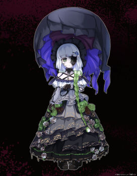 1girl absurdres black_background black_dress black_shoes blue_flower blunt_bangs blush braid closed_eyes closed_mouth clover commentary_request cracked_skin dress empty_eyes expressionless flower four-leaf_clover frilled_dress frills full_body green_eyes green_hair hair_flower hair_ornament hairclip highres lolita_fashion long_dress long_hair long_sleeves looking_at_viewer mahou_shoujo_no_majo_saiban multicolored_hair one_eye_covered open_mouth original own_hands_together shoes sidelocks smile standing tegaki_d_tea very_long_hair white_flower white_hair witch_(manosaba)