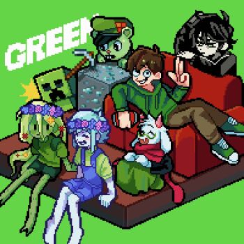 1girl 5boys 9aaaalt29 :d ^_^ ahoge andrew_graves animal_nose antenna_hair arm_support arm_up bare_arms bare_legs barefoot basil_(headspace)_(omori) basil_(omori) bear_boy black_eyes black_hair black_sleeves black_sweater blue_flower blue_hair blue_overalls blue_rose bright_pupils brown_hair brown_pants buck_teeth can character_request closed_eyes closed_mouth color_connection colored_skin commentary couch creature creeper crossover deltarune diamond_(gemstone) double-parted_bangs drink_can edd_(eddsworld) eddsworld fang flippy_(happy_tree_friends) flower flower_wreath full_body furry furry_male glasses goat_boy green-framed_eyewear green_background green_eyes green_hair green_hat green_hoodie green_robe green_shirt green_shoes green_shorts green_skin grin hair_behind_ear hair_between_eyes hair_flower hair_ornament happy_tree_friends hat head_wreath highres holding holding_can hood hood_down hoodie horns knees_together_feet_apart long_hair long_hair_between_eyes long_sleeves looking_at_another looking_at_viewer lying minecraft multiple_boys multiple_crossover omori on_back on_couch open_mouth orange_flower overall_shorts overalls pants pickaxe pink_flower pink_horns pink_rose pixel_art puffy_long_sleeves puffy_sleeves purple_flower purple_rose ralsei red_flower red_scarf robe rose round_eyewear scarf semi-rimless_eyewear shirt shoes short_hair short_sleeves shorts simple_background sitting skin_fang smile soda_can solid_oval_eyes sweater symbol-only_commentary teeth the_coffin_of_andy_and_leyley utdr_(toby_fox) very_long_hair very_short_hair w white_fur white_pupils white_skin