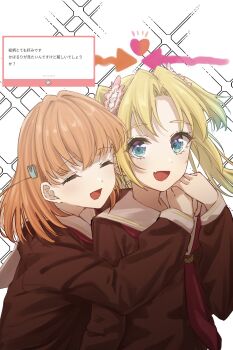 Rule 34 | 2girls, :d, ^ ^, arrow (symbol), blonde hair, blue eyes, blue hair, brown dress, closed eyes, commentary request, crossed bangs, curtained hair, dress, fan request, flower, gradient hair, hair flower, hair ornament, hasu no sora school uniform, heart, highres, hino (hinonoq), hinoshita kaho, hug, hug from behind, link! like! love live!, long sleeves, love live!, medium hair, multicolored hair, multiple girls, neckerchief, open mouth, orange hair, osawa rurino, parted bangs, pink flower, rabbit hair ornament, red neckerchief, request inset, sailor collar, sailor dress, school uniform, smile, sparkle, translation request, twintails, two side up, virtual youtuber, white sailor collar, winter uniform