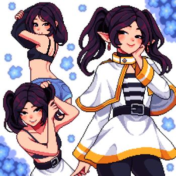 1girl artist_self-insert aseprite_(medium) belt black_belt black_bra black_eyes black_hair blush bra breasts capelet commentary cosplay cowboy_shot earrings english_commentary frieren frieren_(cosplay) from_behind highres jewelry long_sleeves looking_at_viewer looking_back looking_to_the_side multiple_views pantyhose parted_bangs parted_lips pixel_art pointy_ears shirt small_breasts smile sousou_no_frieren striped_clothes striped_shirt teardrop_earrings twintails underwear white_capelet yumykon yumykon_(yumykon) yumyverse