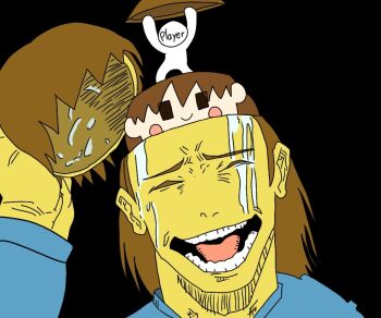 3others ambiguous_gender black_background blue_sweater blush brown_hair chara_(undertale) closed_mouth commentary_request crossover frisk_(undertale) holding holding_detached_head how'd_you_know_(jujutsu_kaisen)_(meme) jujutsu_kaisen meme multiple_others open_mouth possessed size_difference smile sweater undertale utdr_(toby_fox) yifudin