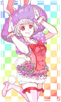 1girl animal_ears bow dancer disneyland easter easter_wonderland end_bunny_(disney) flower frills gloves hair_flower hair_ornament hat high_heels korya_ikan lowres pantyhose rabbit_ears short_hair smile solo thighhighs top_hat white_hair