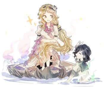 2girls :d anchor_symbol black_hair black_hairband clam_shell closed_eyes dress fire fossilized_wonders green_fire hairband hat highres long_hair mitsusame multiple_girls murasa_minamitsu open_mouth pale_skin partially_submerged shell shirt short_hair short_sleeves smile touhou very_long_hair watari_nina white_background white_dress white_hat white_shirt