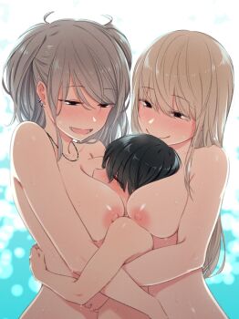 1boy 2girls age_difference animal_print beach between_breasts bikini black_hair blonde_hair blush bracelet breasts ear_piercing face_between_breasts femdom girl_sandwich group_sex gyaru head_between_breasts highres hug jewelry kemuri_haku large_breasts long_hair multiple_girls necklace nipples nude onee-shota original piercing sandwiched shota side-tie_bikini_bottom string_bikini swimsuit threesome twintails wet zebra_print