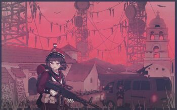 3girls absurdres ammunition_belt animal_ears backpack bag belt_pouch bird boots cat_ears church cigarette coat commentary corpse cross english_commentary gift_art gloves gun hat highres holding holding_gun holding_weapon kepi m60_(machine_gun) machine_gun manually-operated_mounted_gun massacre military_hat military_uniform motor_vehicle mountainous_horizon multiple_girls original pants parabolic_antenna polivia pouch power_lines razpaz red_coat red_sky rifle scope short_hair sky smoking sunset transmission_tower van vulture walkie-talkie war_crime weapon white_gloves white_pants yellow_eyes