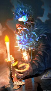 2boys black_jacket blue_fire blue_hair blurry brothers candle candlelight candlestand cellphone depth_of_field facing_down fiery_hair fire glowing headphones headphones_around_neck highres holding holding_candlestand idia_shroud indoors jacket light_particles long_hair long_sleeves looking_to_the_side male_focus mask mau_sakura multiple_boys night night_sky ortho_shroud phone profile shadow short_hair siblings sitting sky smartphone table twisted_wonderland twitter_username wooden_table yellow_eyes