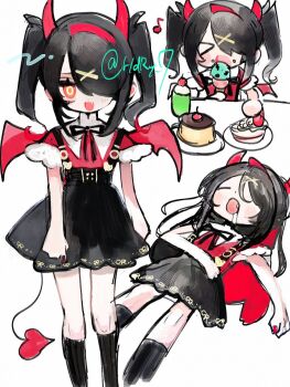 Rule 34 | > <, 1girl, :d, ame-chan (needy girl overdose), black ribbon, black skirt, cake, chibi, closed eyes, collar, collared shirt, commentary request, demon horns, demon wings, fang, food, glowing pupils, hair ornament, hairband, heart, heart tail, highres, horns, ice cream, kneehighs, multiple views, naishukketsukata, needy girl overdose, one eye covered, open mouth, pudding, red hairband, ribbon, saliva, shirt, simple background, skin fang, skirt, sleeping, smile, socks, solo, suspenders, tail, twintails, twitter username, white background, wings, x hair ornament