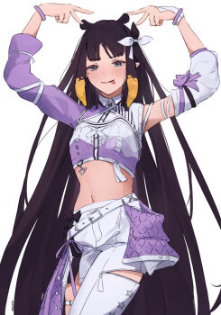 1girl :p arms_up asymmetrical_clothes asymmetrical_sleeves black_hair blue_eyes blunt_bangs center-flap_bangs center_frills collared_shirt commentary cropped_shirt detached_sleeves double_v english_commentary frills gradient_hair highres hololive hololive_english hololive_idol_uniform_(color_rise) idol_clothes long_hair looking_at_viewer malvar midriff mismatched_sleeves mole mole_under_eye multicolored_hair multicolored_shirt ninomae_ina'nis official_alternate_costume orange_hair pants pointy_ears puffy_detached_sleeves puffy_short_sleeves puffy_sleeves shirt short_sleeves sidelocks simple_background single_detached_sleeve single_pantsleg single_sleeve solo straight_hair tentacle_hair thigh_strap tongue tongue_out v very_long_hair virtual_youtuber white_background white_pants white_shirt
