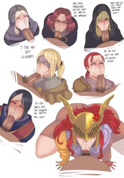 1boy 6+girls :&gt;= absurdres angry black_hair blindfold blonde_hair blue_eyes blush clothed_female_nude_male clothed_sex elden_ring english_text fellatio fia_the_deathbed_companion fromsoftware helmet highres hyetta_(elden_ring) ignotoz large_penis latenna_the_albinauric long_hair male_pubic_hair malenia_blade_of_miquella melina_(elden_ring) millicent_(elden_ring) multiple_boys multiple_girls nude one_eye_closed oral penis ponytail pov pubic_hair red_hair simple_background sorceress_sellen stray_pubic_hair sweater tarnished_(elden_ring) veins veiny_penis white_background