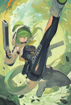 1girl absurdres arknights arknights:_endfield black_bodysuit bodysuit dynamic_pose fingerless_gloves fluorite_(arknights) foot_out_of_frame gloves green_eyes green_hair gun hair_between_eyes hair_through_hood highres holding holding_gun holding_weapon hood hood_up hooded_jacket jacket long_hair long_sleeves looking_at_viewer open_clothes open_jacket parted_lips ponytail snake_tail solo tail tongue tongue_out trustyskittles weapon white_jacket